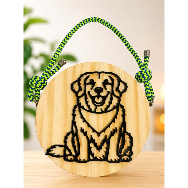 Placa Decorativa de Madeira Golden Retriever – Enfeite de Parede com Corda – Quadro Decoração Pet