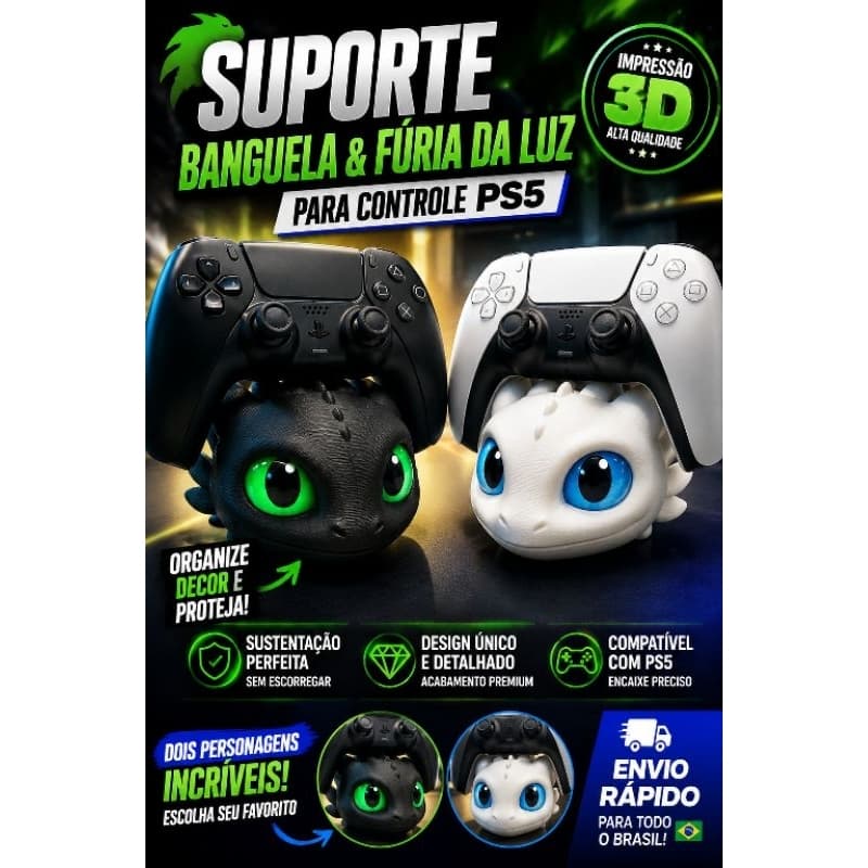 Suporte Para Controle PS5 / PS4 Dragão Banguela e Fúria da Luz - Decoração Setup Gamer