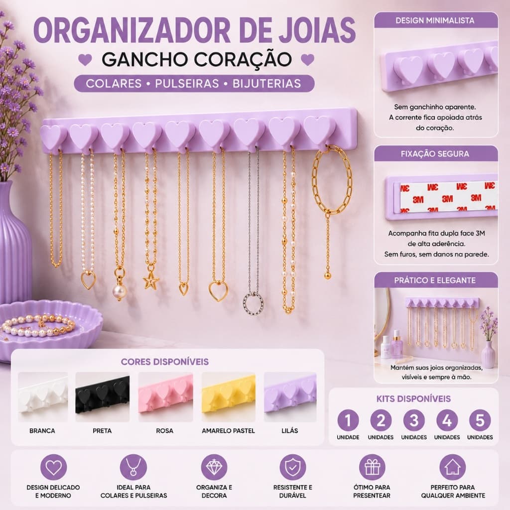 Organizador de Joias Gancho Coração Porta Bijuterias Colares e Pulseiras Aneis com Fita Dupla Face Original 3M Lilas