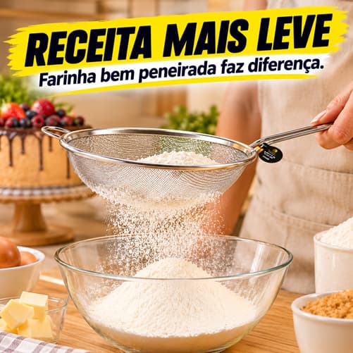 Peneira de Cozinha 14cm Inox Malha Fina com Cabo Longo para Farinha Chá Sucos Caldos