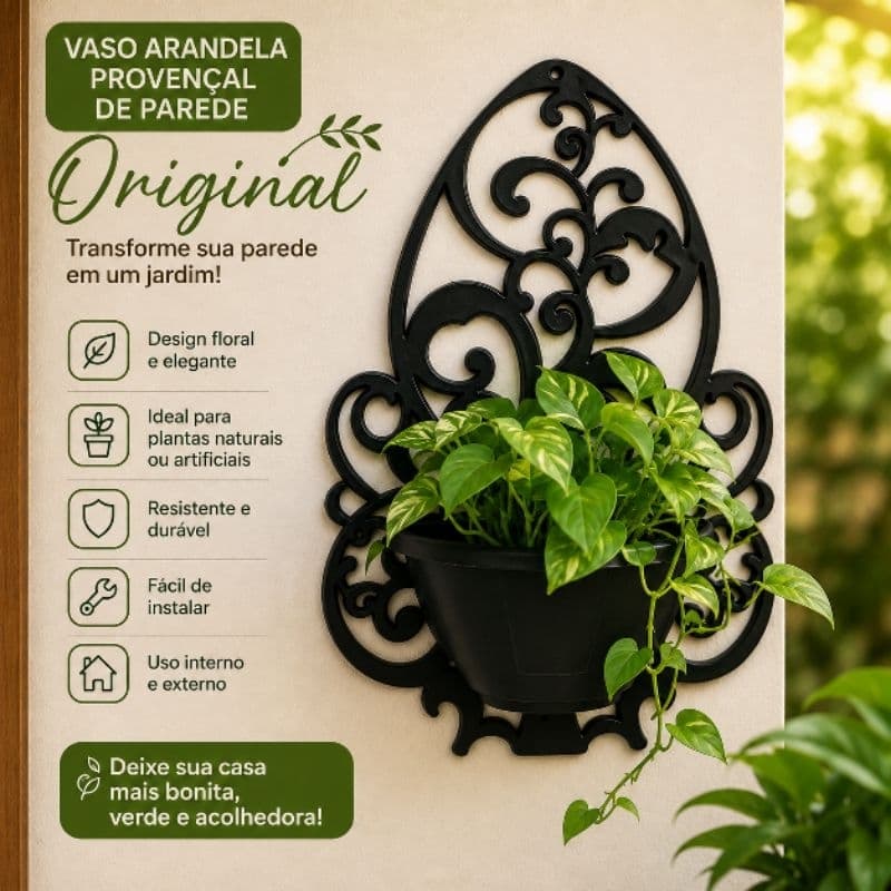 Kit 3 Vasos Arandela Provençal de Parede  Plástico 33cm com Suporte Jardim vertical Decorativo