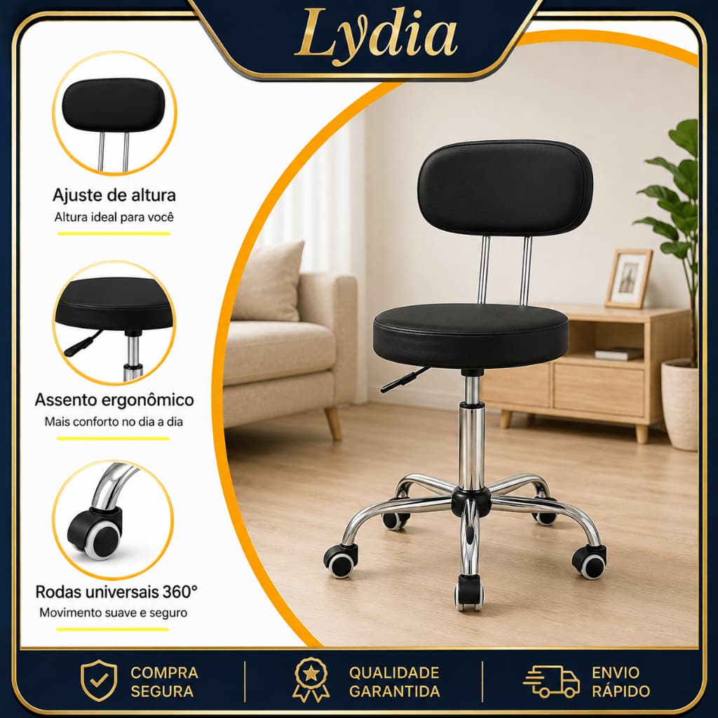 Lydia Cadeira Mocho Giratória c/ Encosto Estética Manicure Massagista Ergonômica Plus