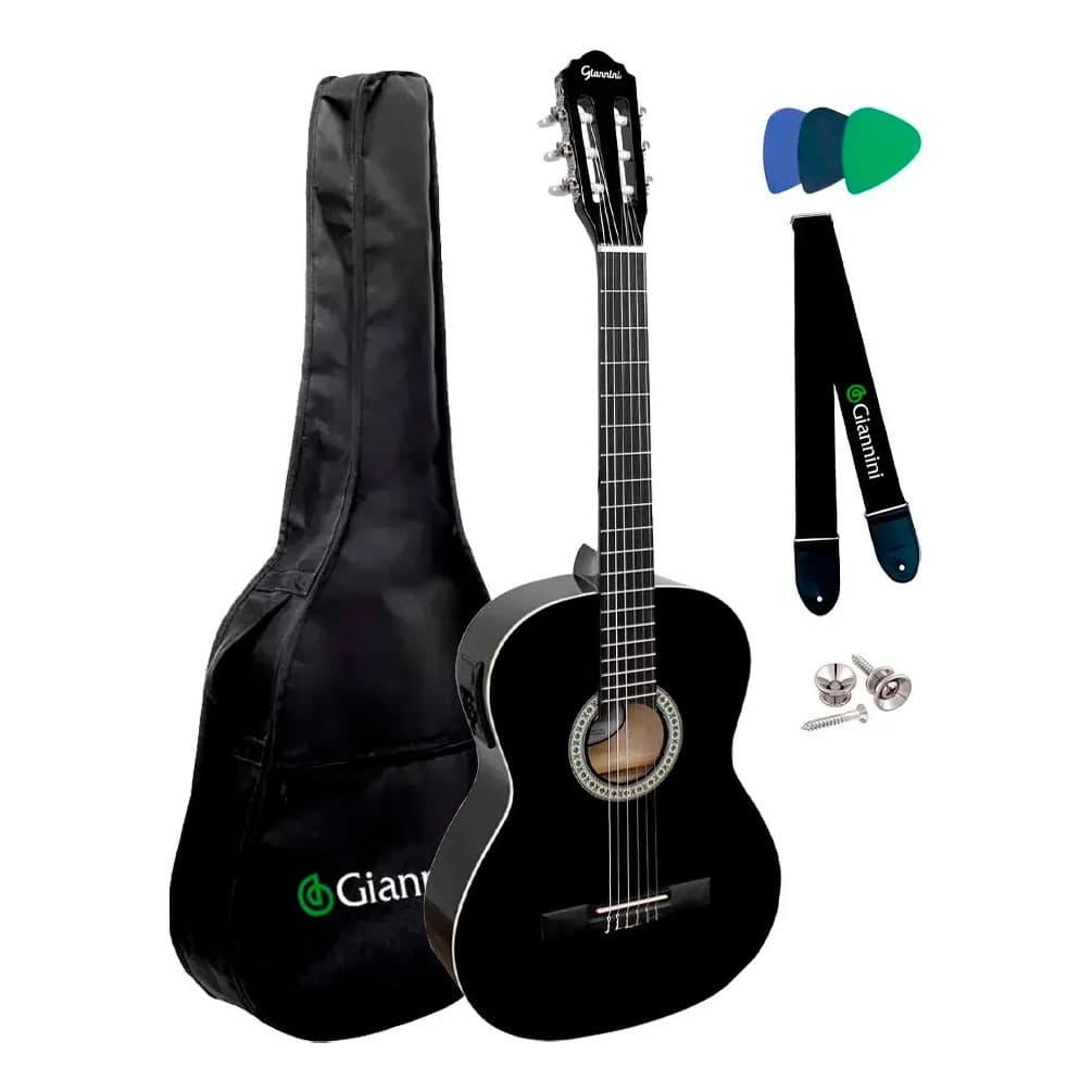 VIOLÃO START NYLON ELETROACUSTICO BLACK N-14 EQ BK C/ CAPA E CINTO