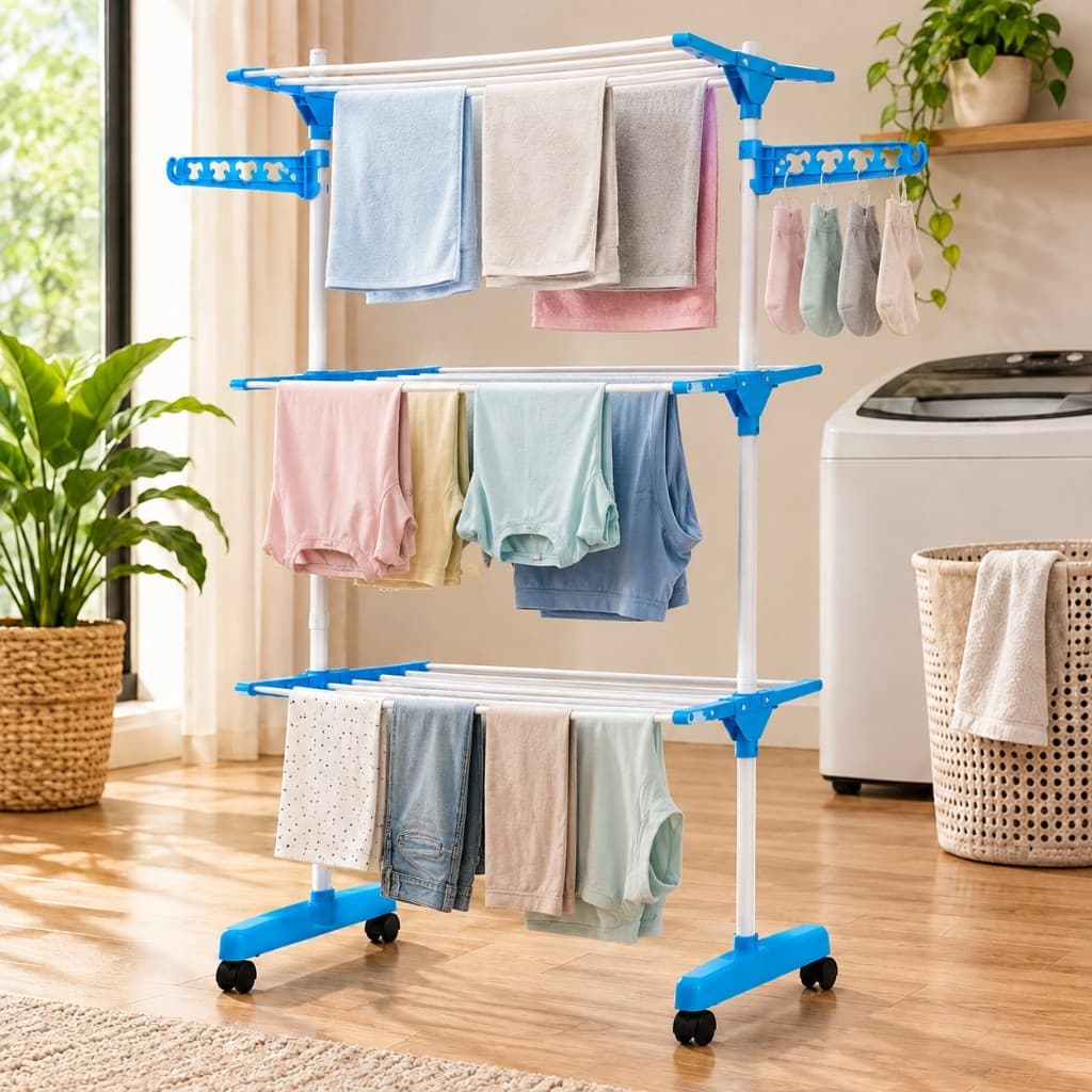 Varal Chão Vertical Compacto Dobrável 3 Andares Bandejas Cabideiro Azul Prático Leve Resistente Durável Oferta Promoção