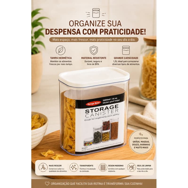 Pote Hermético a Vácuo Plástico 1,5L Armazenamento Eficiente e Prático