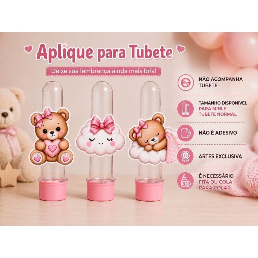 APLIQUES PARA TUBETES CHÁ DE BEBÊ URSINHA \ APLIQUE PRA TUBETE MINI E NORMAL \ CHÁ DE BEBÊ MENINA