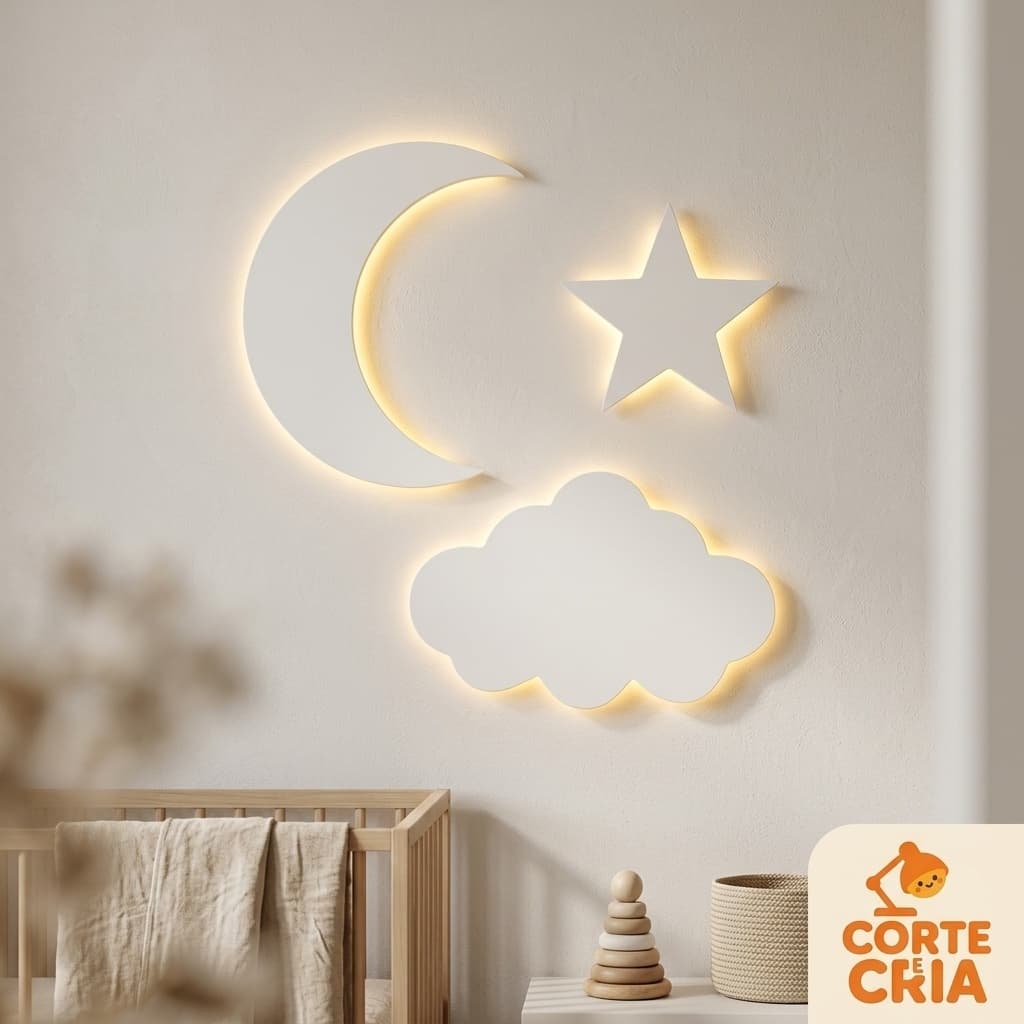 KIT 3 Luminárias Sem Fio Lua/Estrela/Nuvem MDF LED Branco Frio