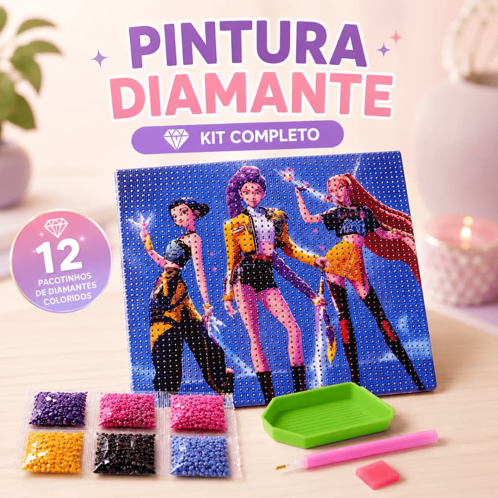 Kit Pintura de Diamante Infantil Quadro Desenho K pop 20x20cm com Caneta Cera Bandeja e Brilhos Coloridos Guerreiras