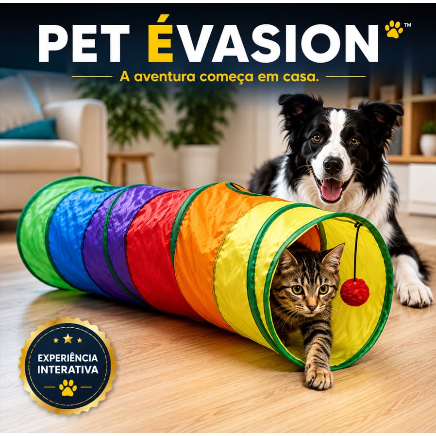 Túnel para Gatos e Pets 1,15m Brinquedo Interativo Colorido Pet Évasion