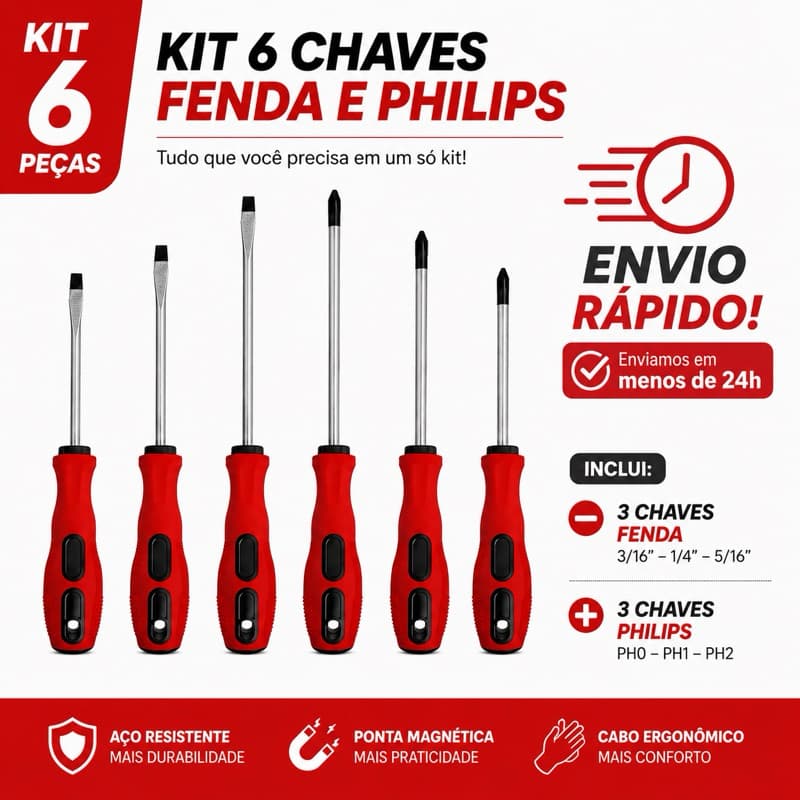 Chave Philips e Chave de Fenda Kit 6 Peças Magnéticas