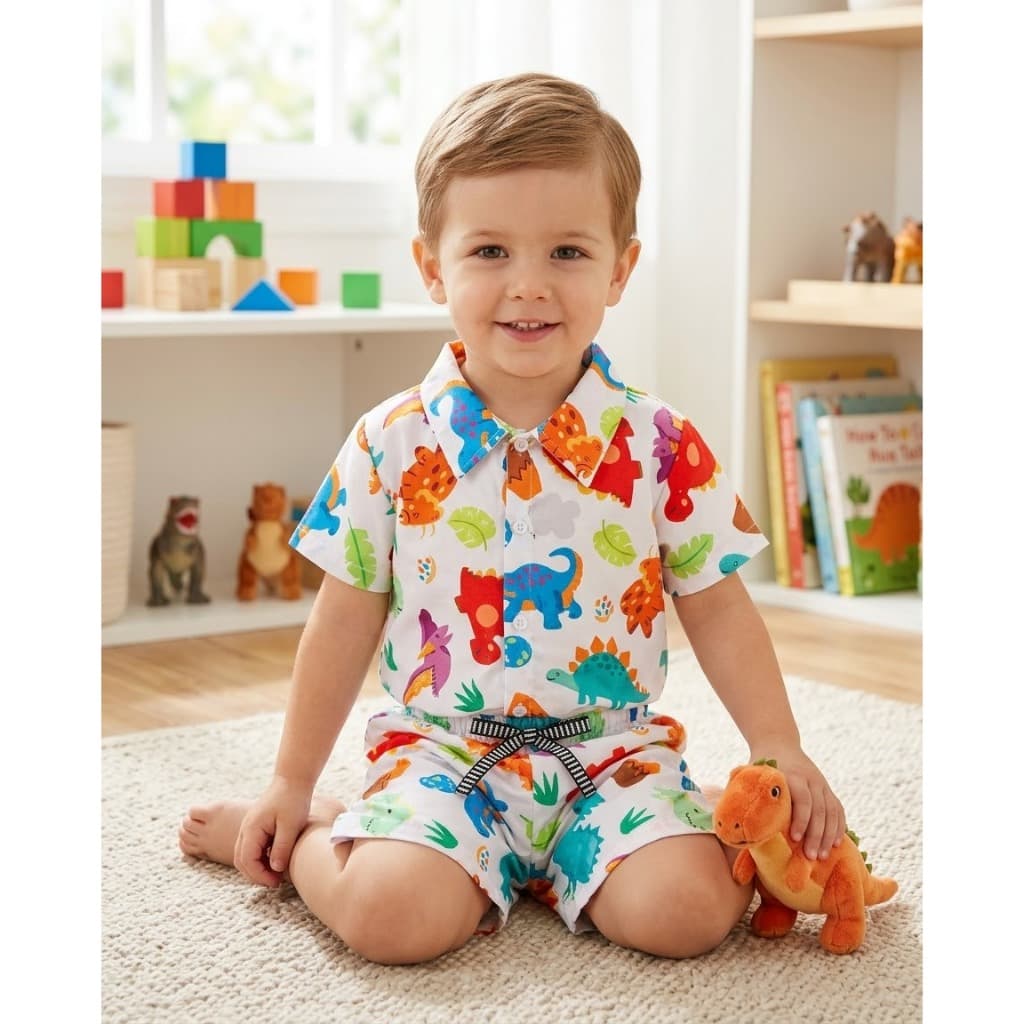 Conjunto Infantil Mauricinho Estampa Dinossauros Coloridos Roupa Infantil Menino Conjunto Mauricinho Camisa E Short Dino