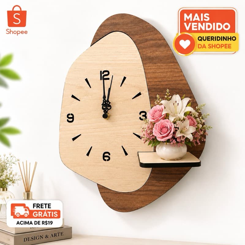 Relógio de Parede MDF Decorativo 35cm com Prateleira Sala Quarto Cozinha Últimas Unidades