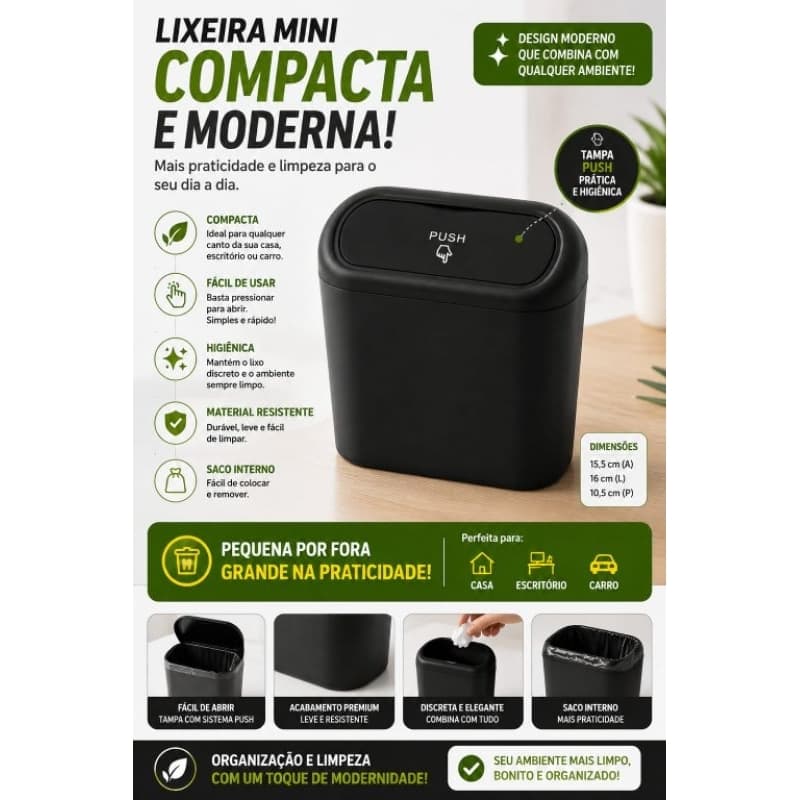 Lixeira Automotiva para Carro Porta Lixo Compacta com Tampa – Lixeira para Veículos, Escritório e Casa