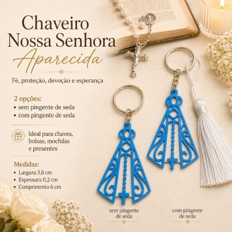 Chaveiro Nossa Senhora Aparecida Azul e Branco – Com ou Sem Pingente de Seda | Fé e Proteção