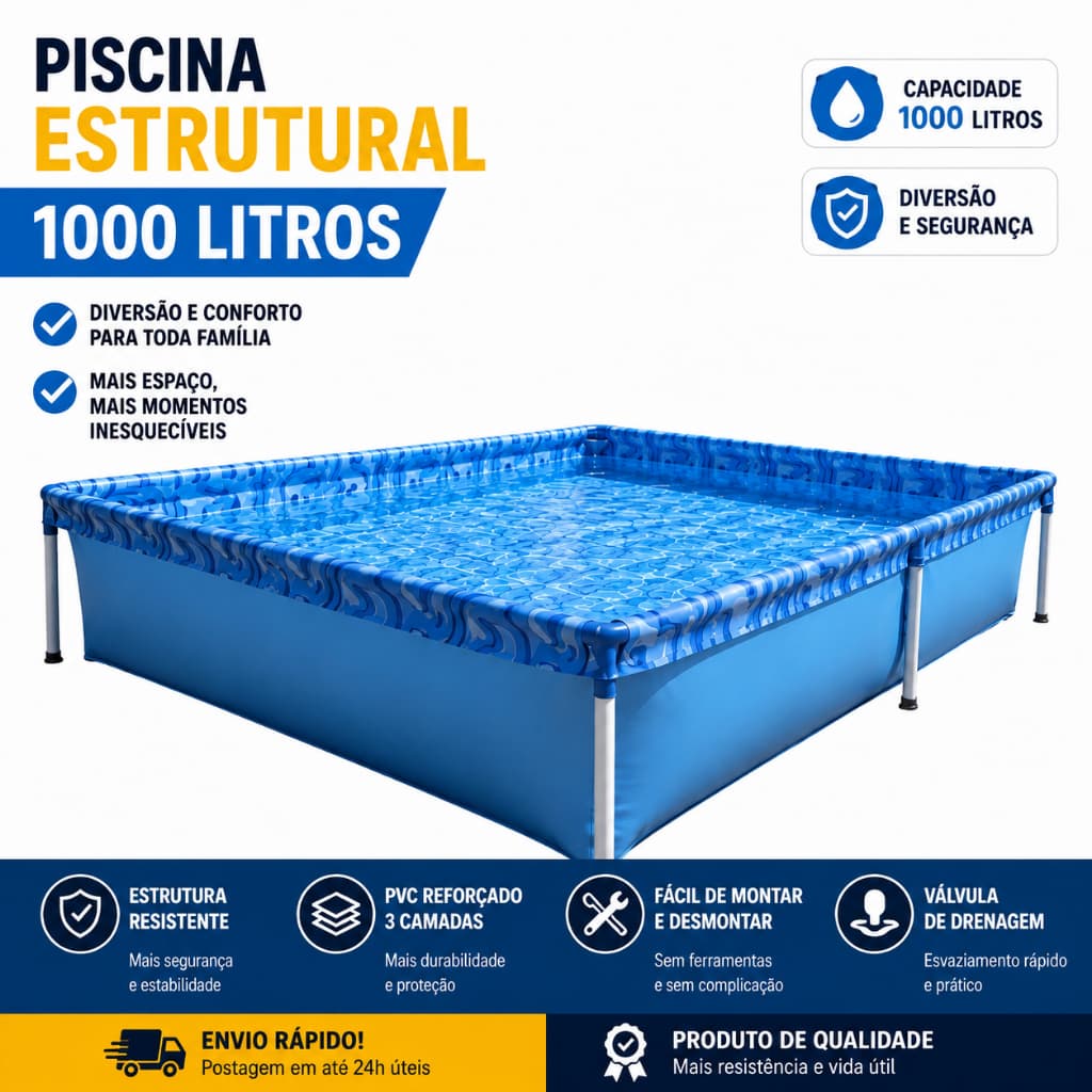 Piscina Infantil Retangular 1.000 Litros Com Armação Ferro Mor 1002 Para Diversão das Crianças