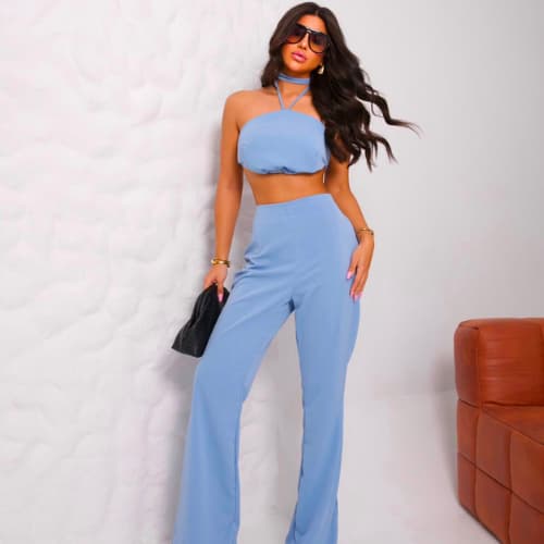 Conjunto Alfaiataria Ferminino Calça Pantalona Social com Cropped Costas Nua Elegante Luxo Premium