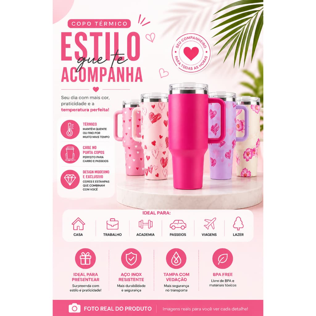 Copo Térmico 1200ml com Canudo – Alça para Transporte e Tampa com Vedação