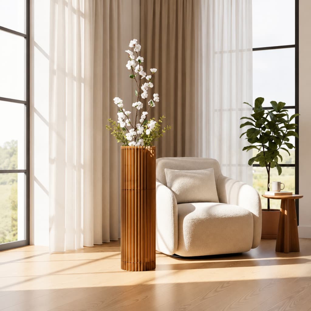 Vaso De Chão Decorativo Grande MDF Torre Sala Quarto 60cm 70cm Ripado Com Flores Arranjo Luxo