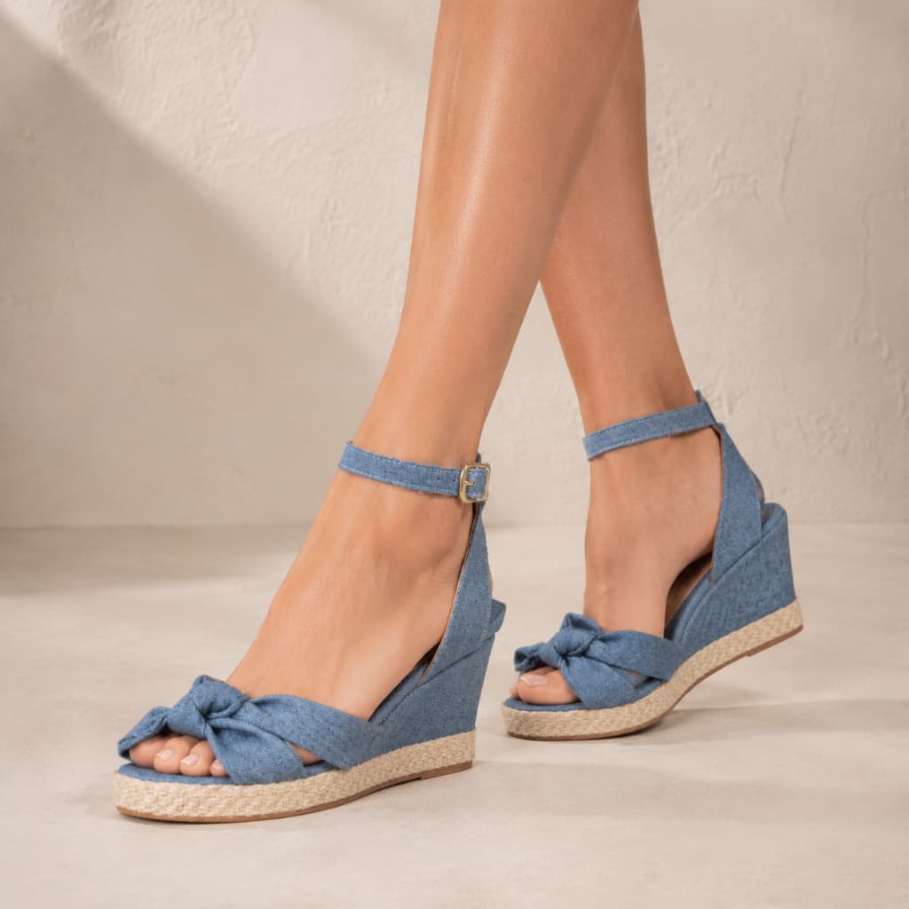 Sandália feminina Salto Flat Form médio nó Anabela feminina Azul