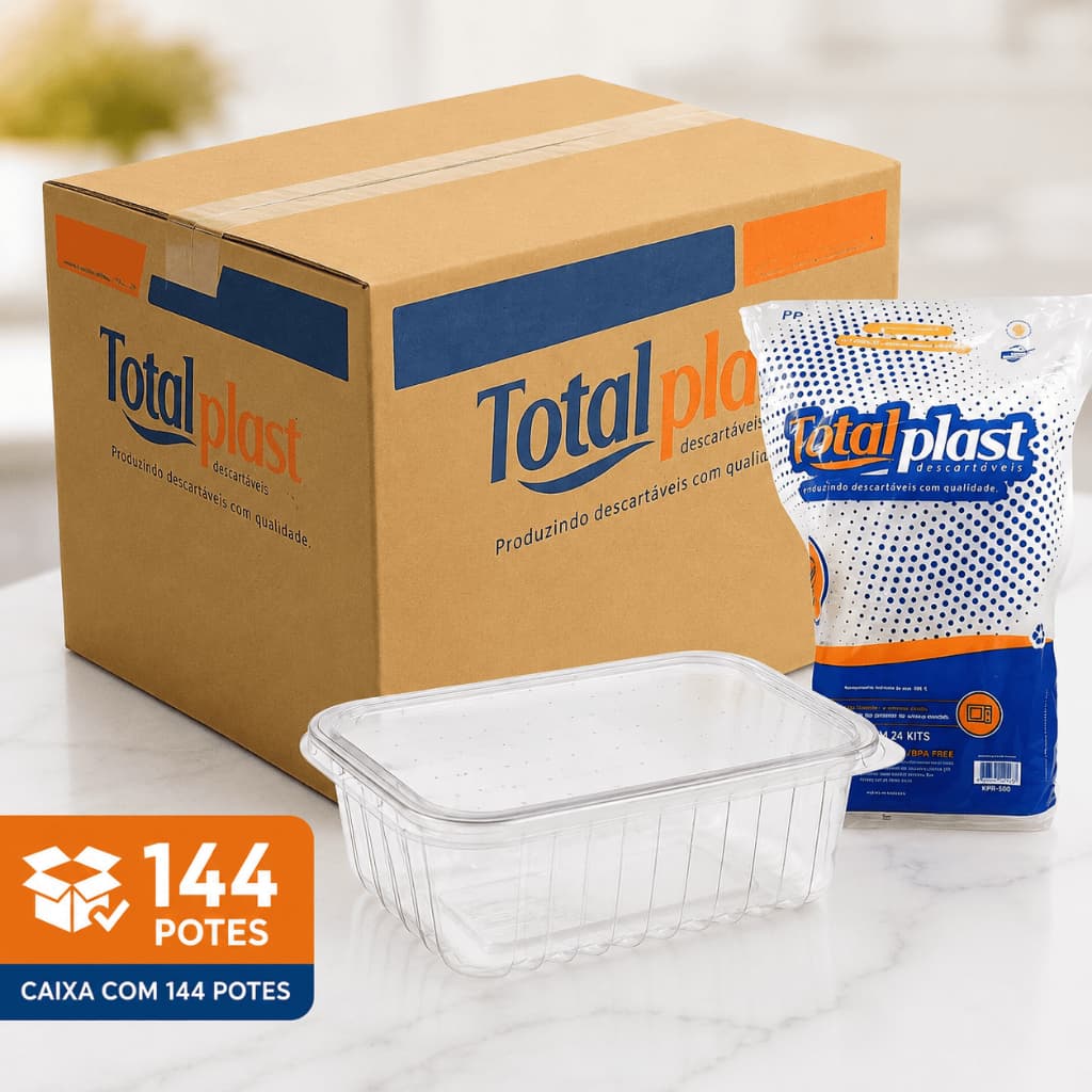 Pote Plástico Retangular 500ml com Tampa Transparente 144 Potes para Marmita Alimentos Sobremesa Molhos Armazenamento