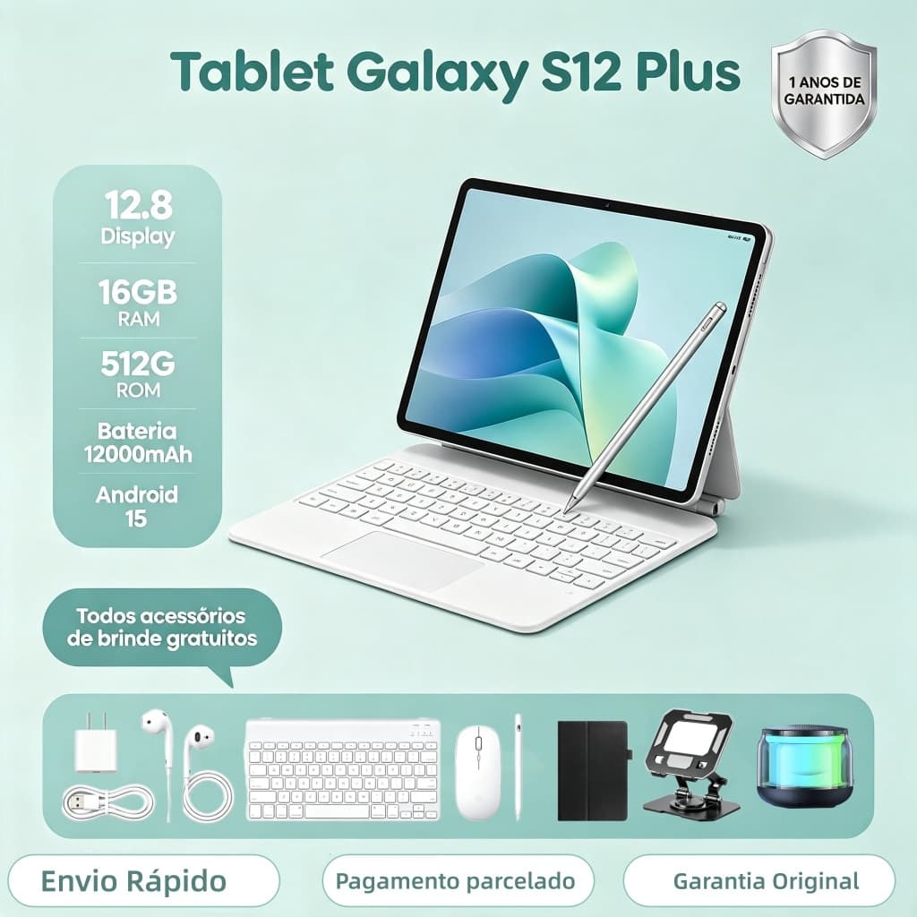 Tablet Galaxy S12 Plus 16 GB + 512 GB, 12,8 polegadas, HD, 12.000 mAh, Android 15, para estudos e trabalho parcelamento