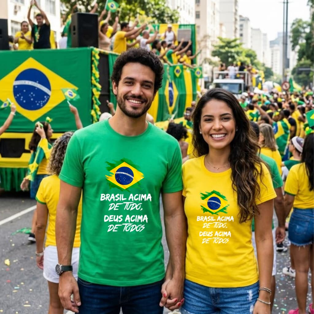 Kit 2 Camiseta Feminina e Masculina Estampada 100% Algodão Camiseta Brasil Acima de Tudo Bolsonaro Promoção