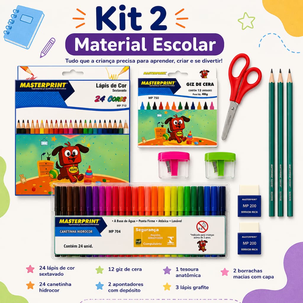 Kit Material Escolar Infantil Volta às Aulas Lápis Canetinhas Tesoura Borracha Apontador