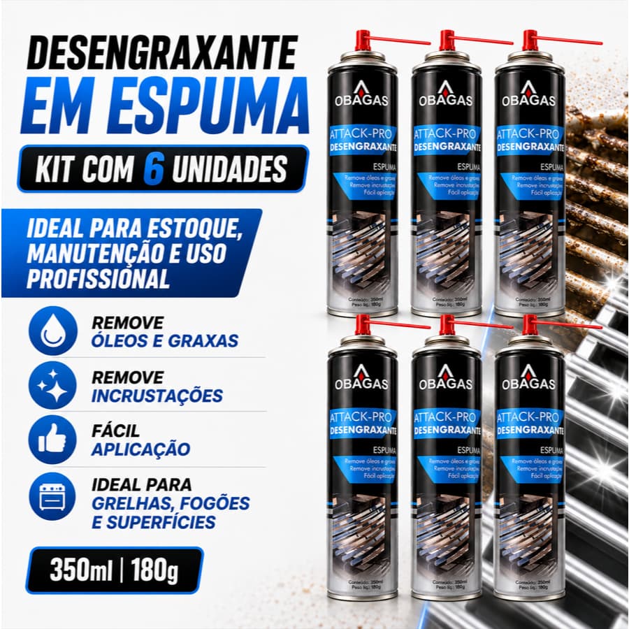 KIT 6 Desengraxante Spray Espuma Multiuso Facilita a Limpeza Gordura, Sujeiras Pesadas e Resíduos 350ml