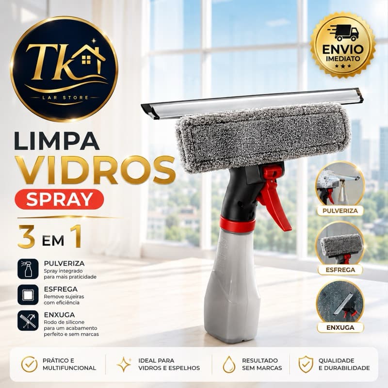 Limpador De Vidros Spray Microfibra 3 Em 1 Com Borrifador 240ml Limpa e Seca Vidros Janelas Powermaid