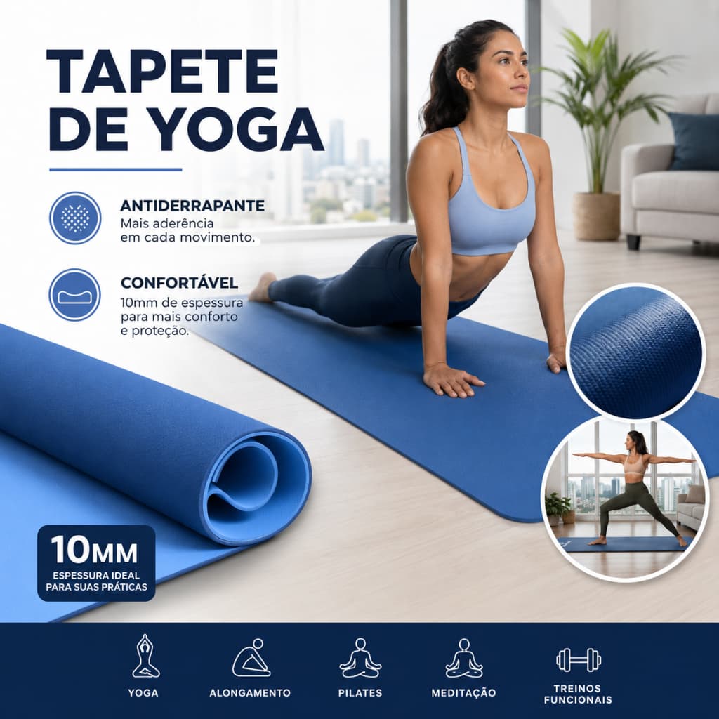 Tapete de Yoga Colchonete Fitness 181x61x0,6cm para Exercícios em Casa Pilates Abdominal Prancha Tatame