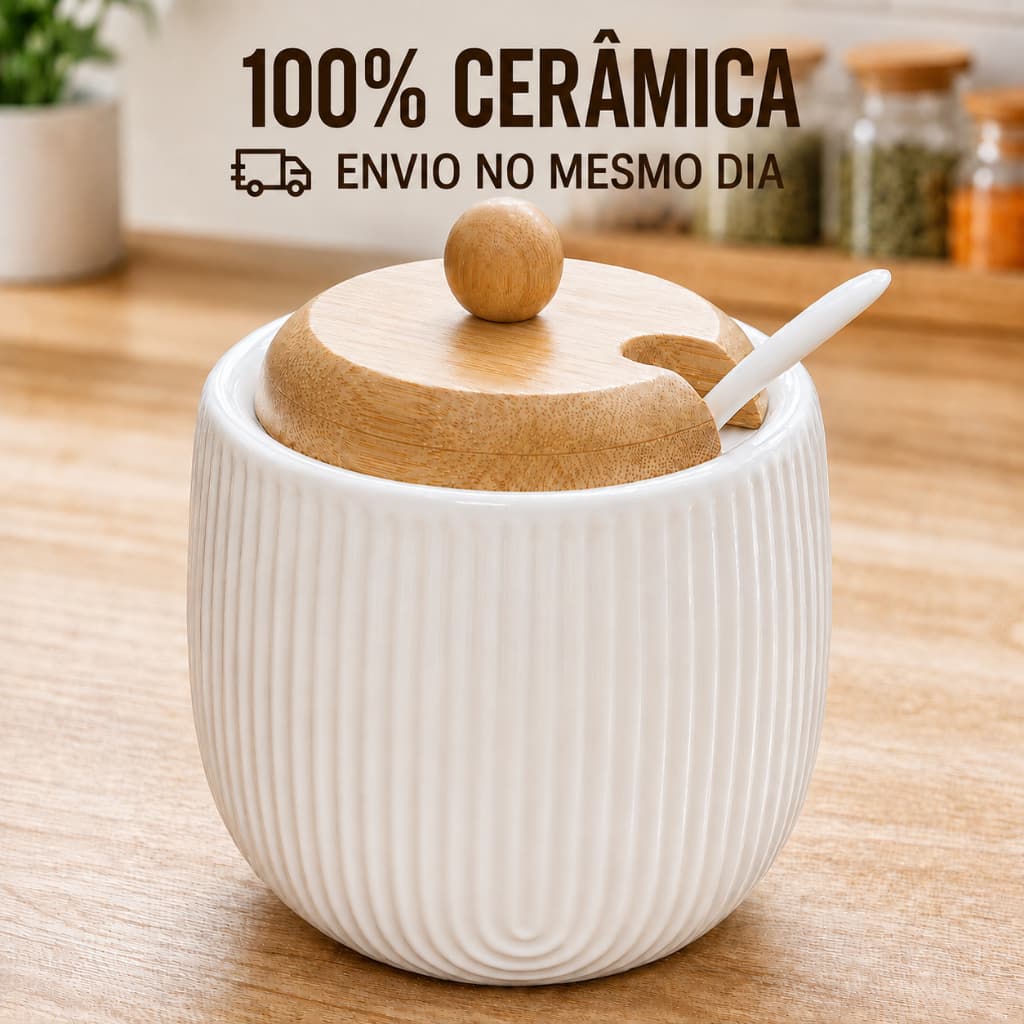 Porta Temperos Saleiro Premium em Plástico Resistente Visual Cerâmica com Colher Inclusa