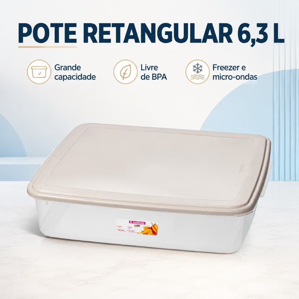 Pote Plástico Retangular Grande Sanremo Vac Freezer 6,3 Litros para Armazenar Conservar e Organizar Alimentos