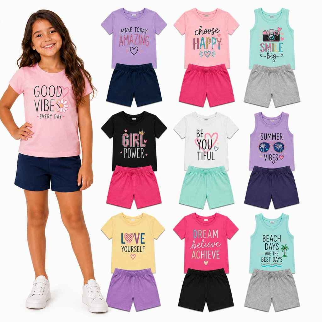 Kit 6 Peças Conjunto Verão 3 Camisetas + 3 Shorts Infantil Feminino/Menina Estampa Sortida