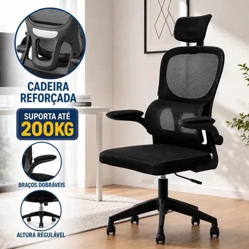 Cadeira Escritório Ergonômica Malha Respirável Braços Dobráveis Apoio De Cabeça Suporte Lombar Encosto Home Office