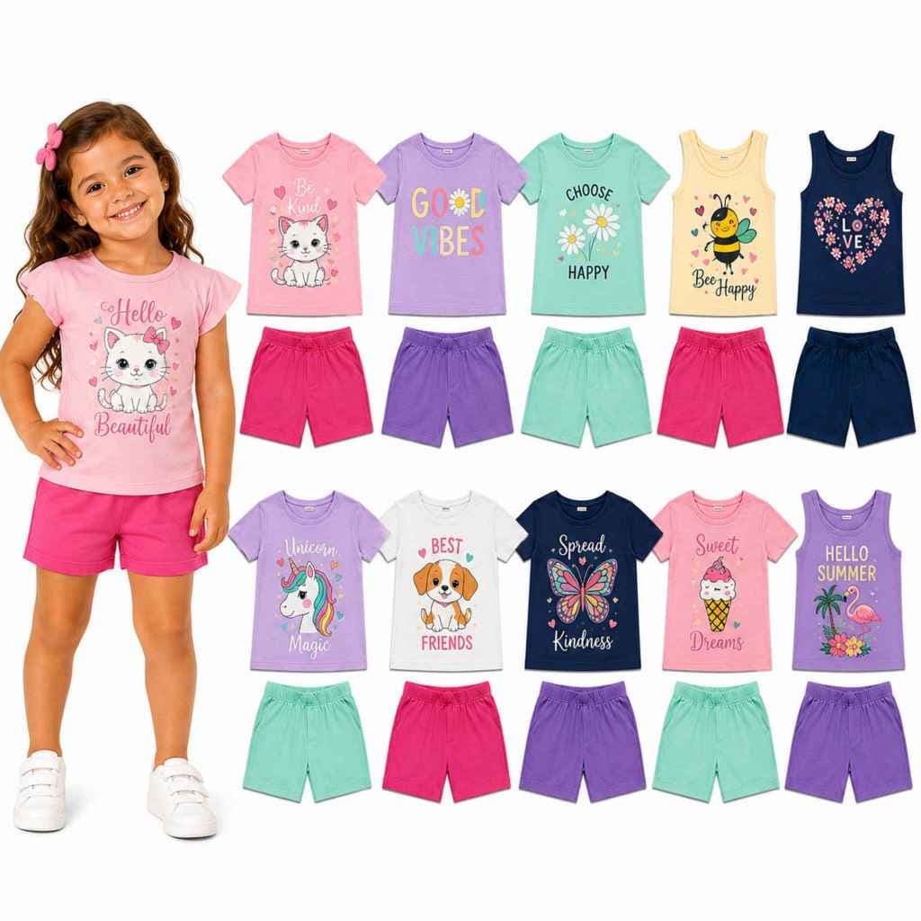 Kit 10 Peças Conjunto Verão 5 Camisetas + 5 Shorts Infantil Feminino/Menina Estampa Sortida