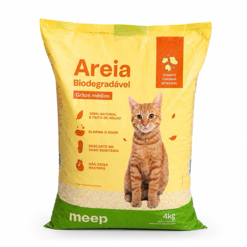 Areia Higiênica Biodegradável Meep para Gatos Grãos Médios Alta Absorção 4kg