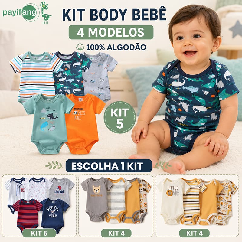 Kit Body Bebê Menino 4 ou 5 Peças 100% Algodão Manga Curta Estampado Roupa de Verão Recém Nascido