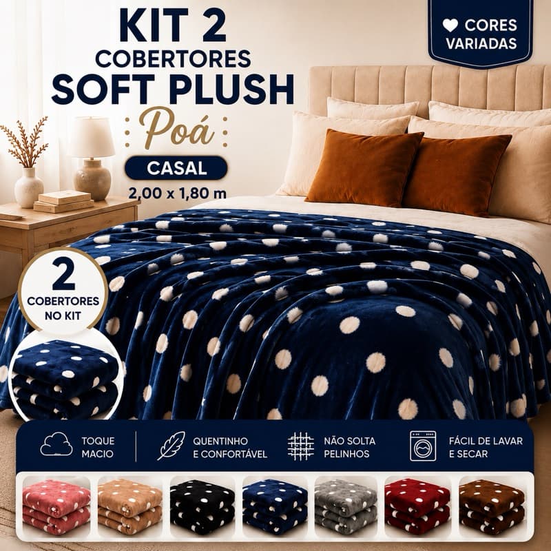 Kit 2 Coberta Manta Plush Soft Casal/Padrão 1,80 x 2,00 Póa Decorativa Quentinho
