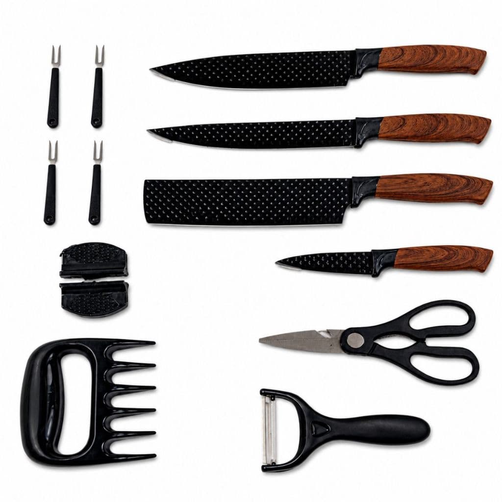 Jogo De Facas Cozinha E Churrasco London Wood 12 Peças Lâminas Em Aço Cabo Amadeirado Para Corte E Preparo