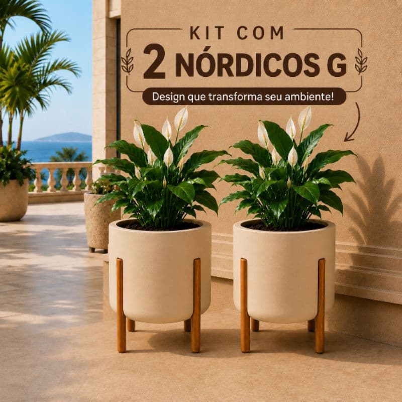 Kit 2 Vasos Nórdicos G Polietileno Premium Para Plantas Decorativos Resistentes Com Pés de Madeira