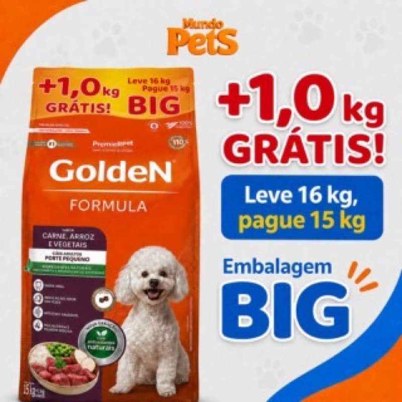Ração Golden Formula Mini Bits Cães Adultos Raças Pequenas Carne e Arroz 15kg Ganhe 1 kg Grátis ( vem 16 kg)