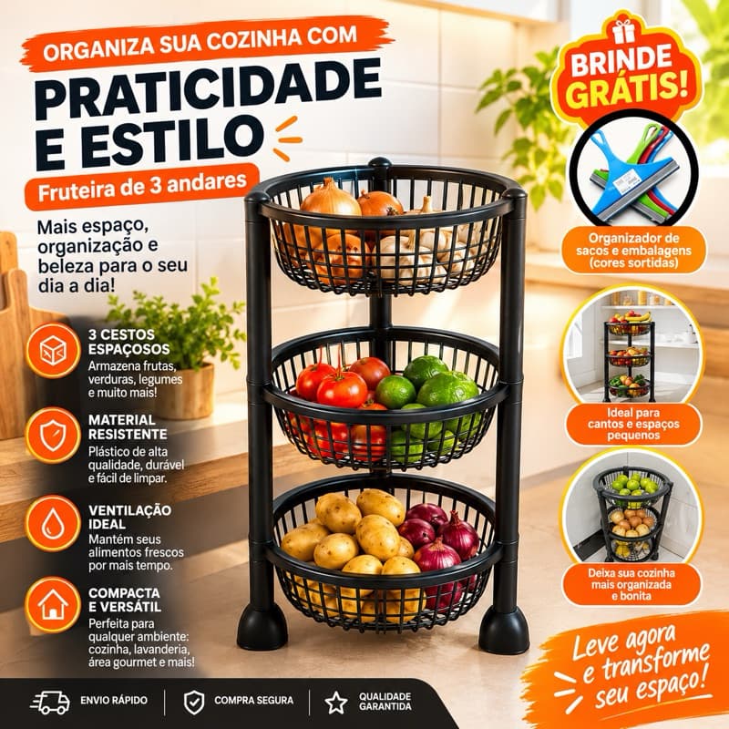 Fruteira 3 Andares reforçada Redonda s/ Rodinha Multiuso Cesto Organizador de Chão