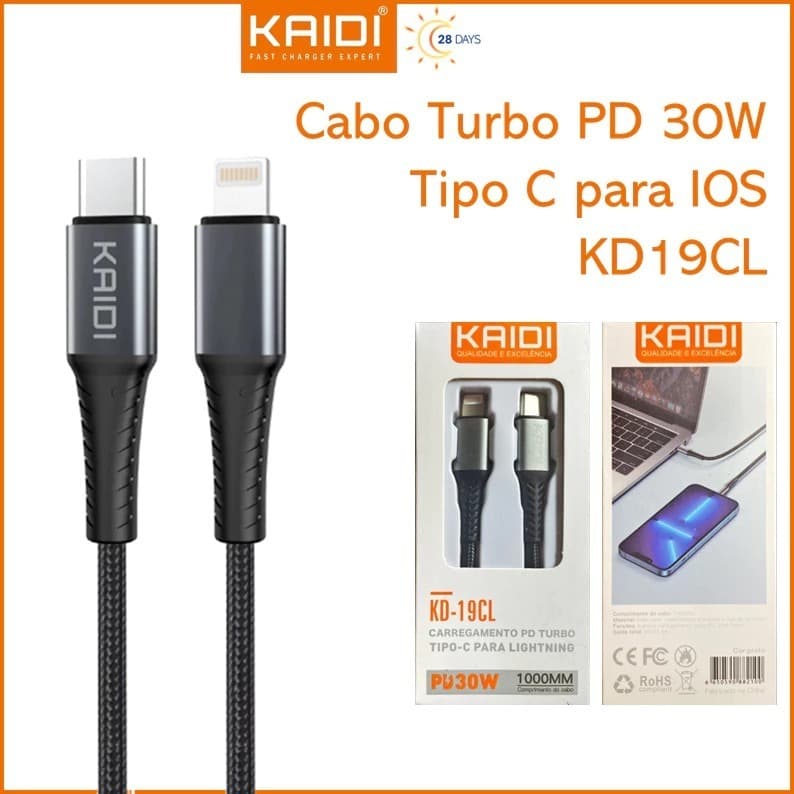 Cabo KAIDI Turbo PD 60W 2m – Tipo-C para iPhone / Tipo-C para Tipo-C – Carregamento Rápido e Dados