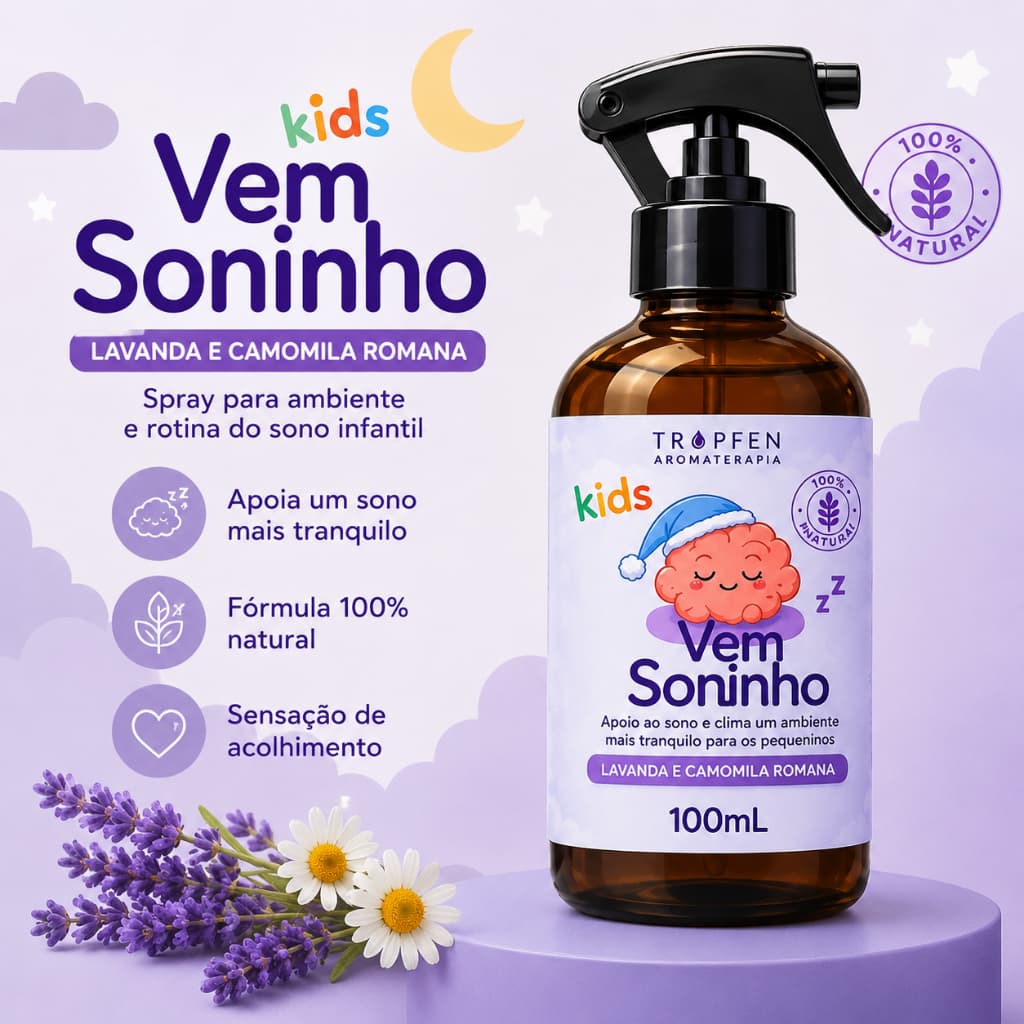 Spray Vem Soninho Infantil 100ml Lavanda e Camomila Romana para Ambiente e Rotina do Sono Kids