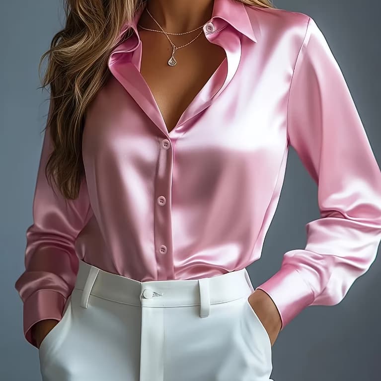 Blusa com Decote em V e Caimento de Cetim, Blusa Luxuosa, Camisa de Gola Aberta, Blusa de Estilo Luxo TAM XL
