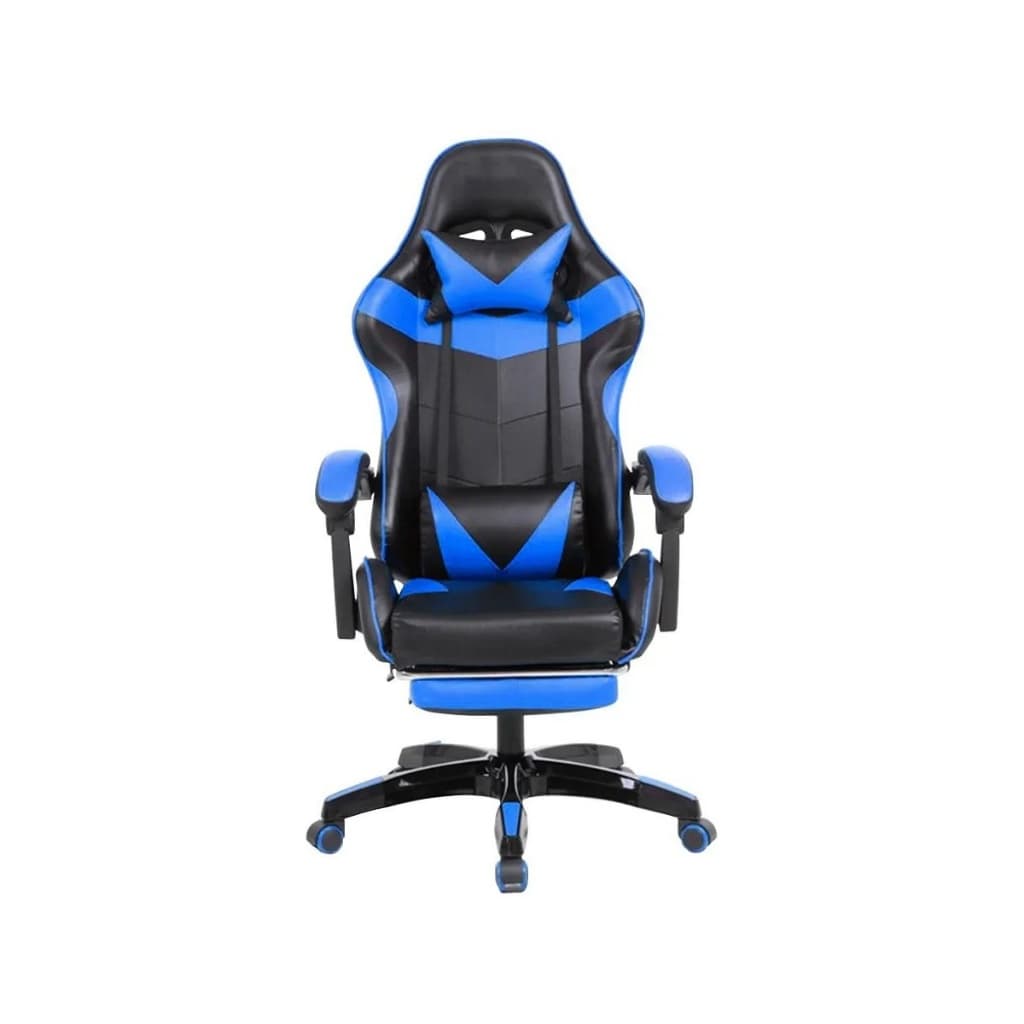 Cadeira Gamer 135° Reclinável 120kg Couro PU Apoio Pés Ergonômica Preto e Azul