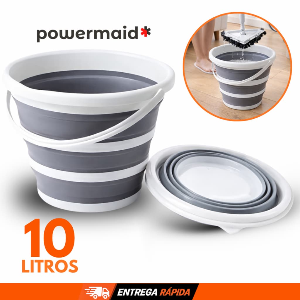 Balde Retrátil Dobrável 10 Litros Silicone Multiuso Flexível PowerMaid Resistente com Alça para Limpeza Organização
