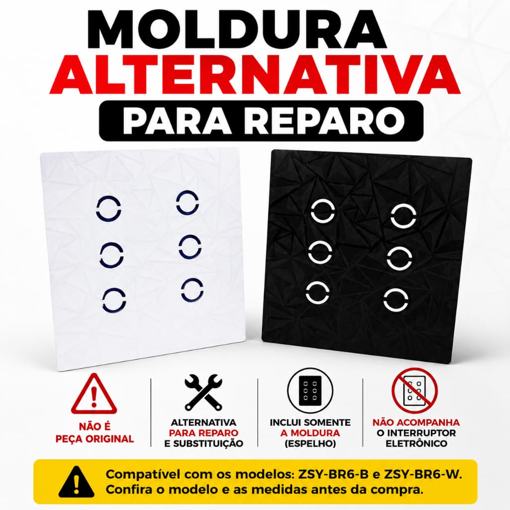Reparo Capa Espelho Moldura P/ Interruptor Inteligente 6 Teclas Botões Touch 4x4 | Preto ou Branco | NÃO É ORIGINAL
