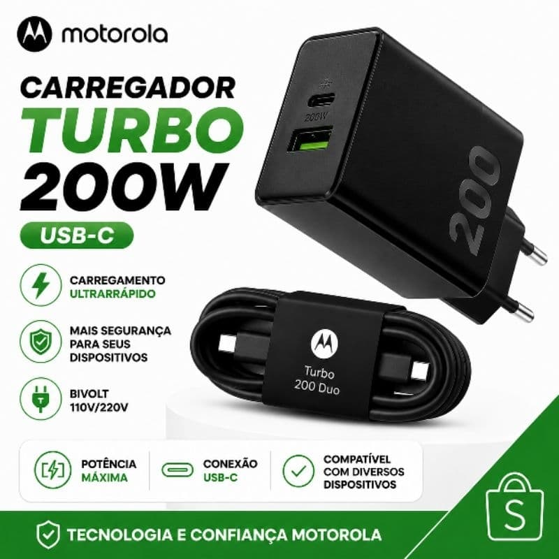 Carregador Motorola Turbo Power 200W USB-C compre 2 e ganhe Brinde