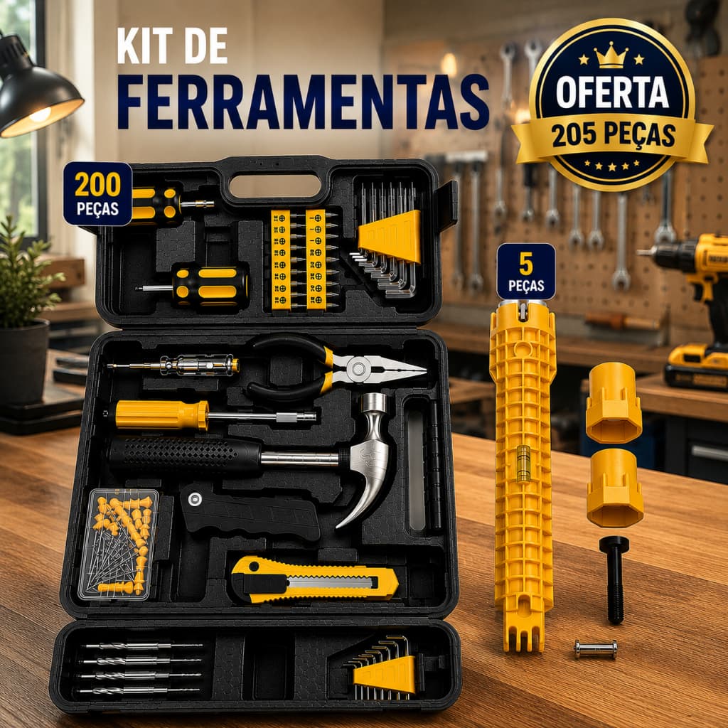 Kit Ferramentas 205 Peças Completo com Maleta Chave Hidráulica Reparo Torneiras Casa